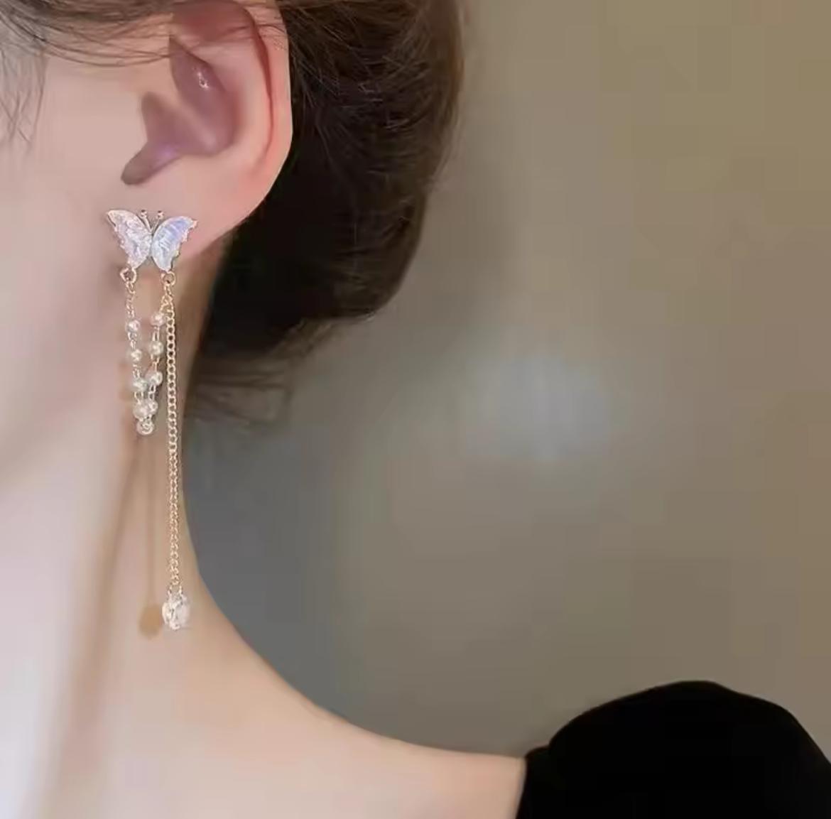 S925 Butterfly Pearl Tassel Earrings