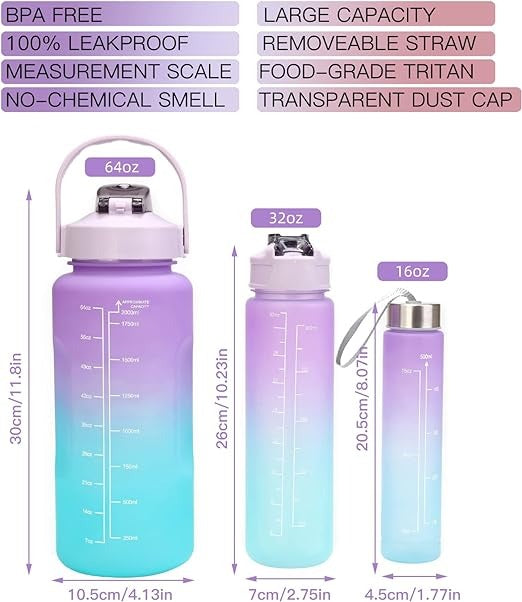 3 Piece Motivational Water Bottle Set BPA Free