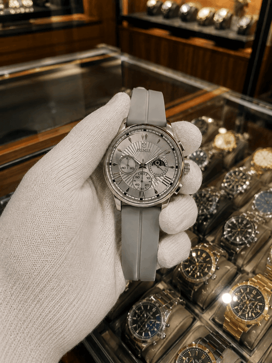 Silver Chronograph Men's Watch with Grey Silicone Strap
