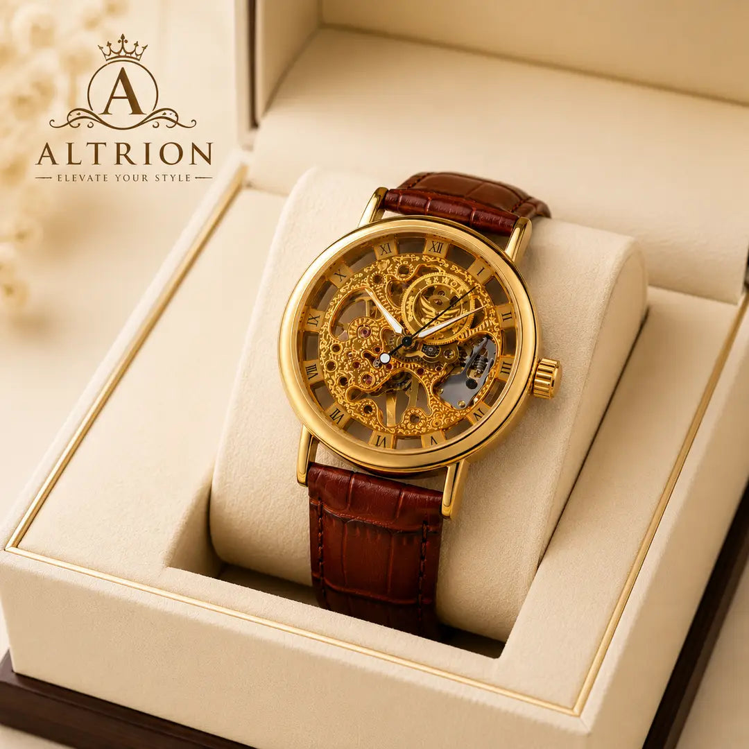 Luxury Gold Skeleton Leather Watch