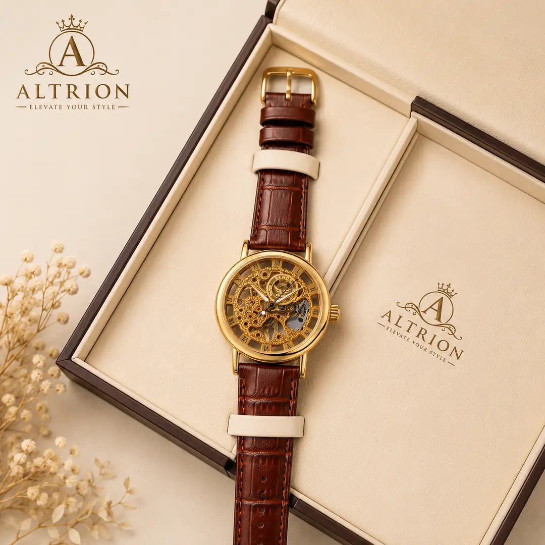 Luxury Gold Skeleton Leather Watch