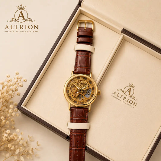 Luxury Gold Skeleton Leather Watch