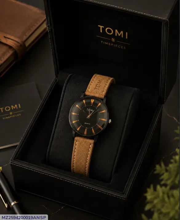 TOMI black leather quartz watch