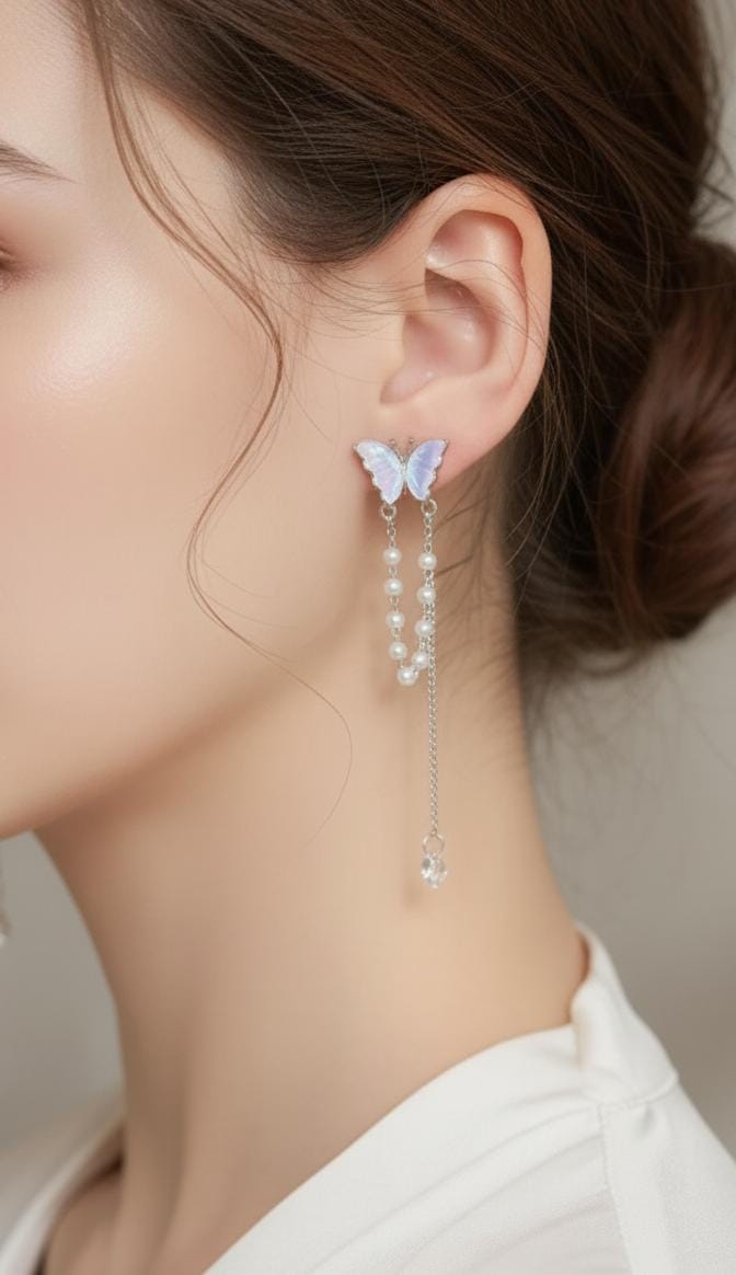 S925 Butterfly Pearl Tassel Earrings