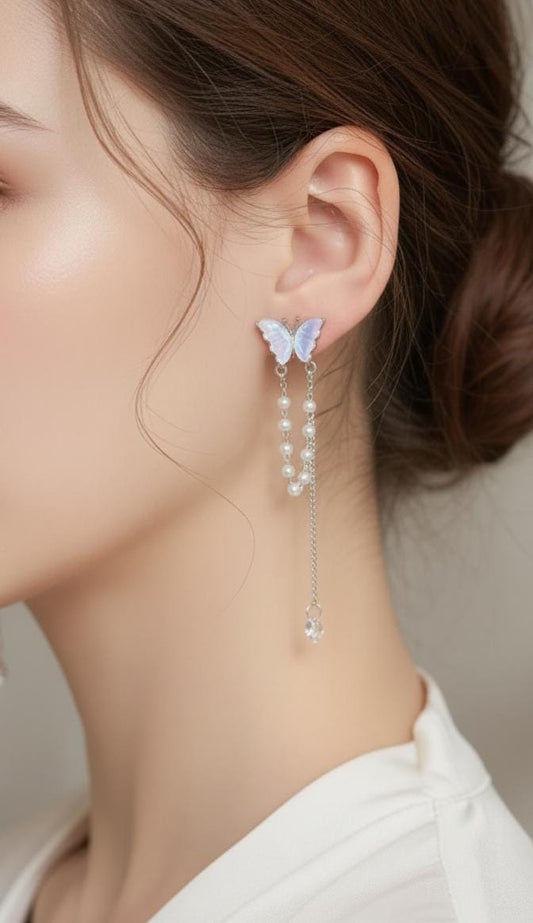 S925 Butterfly Pearl Tassel Earrings