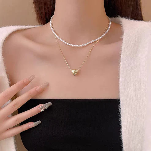 Double Layer Heart Pearl Necklace – Golden