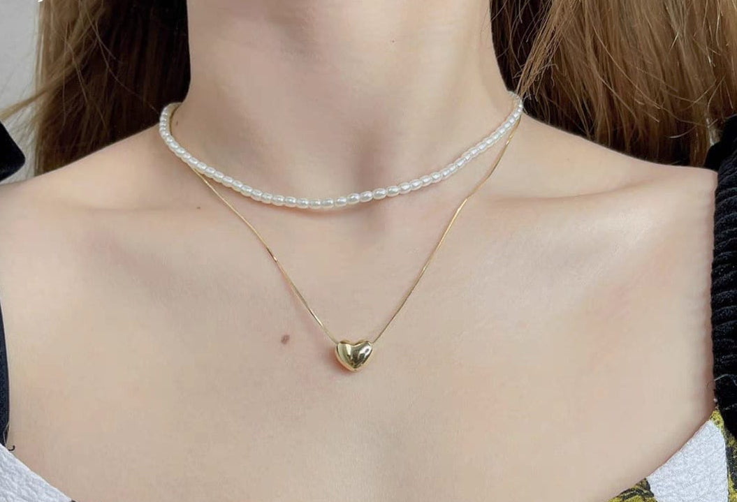 Double Layer Heart Pearl Necklace – Golden