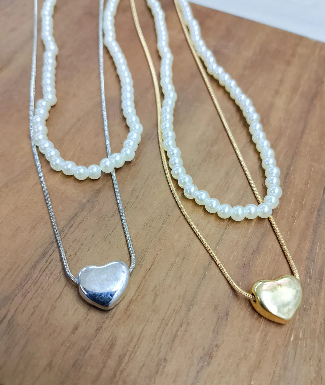 Double Layer Heart Pearl Necklace – Golden