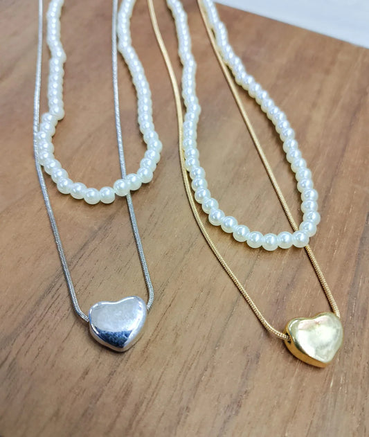 Double Layer Heart Pearl Necklace – Golden