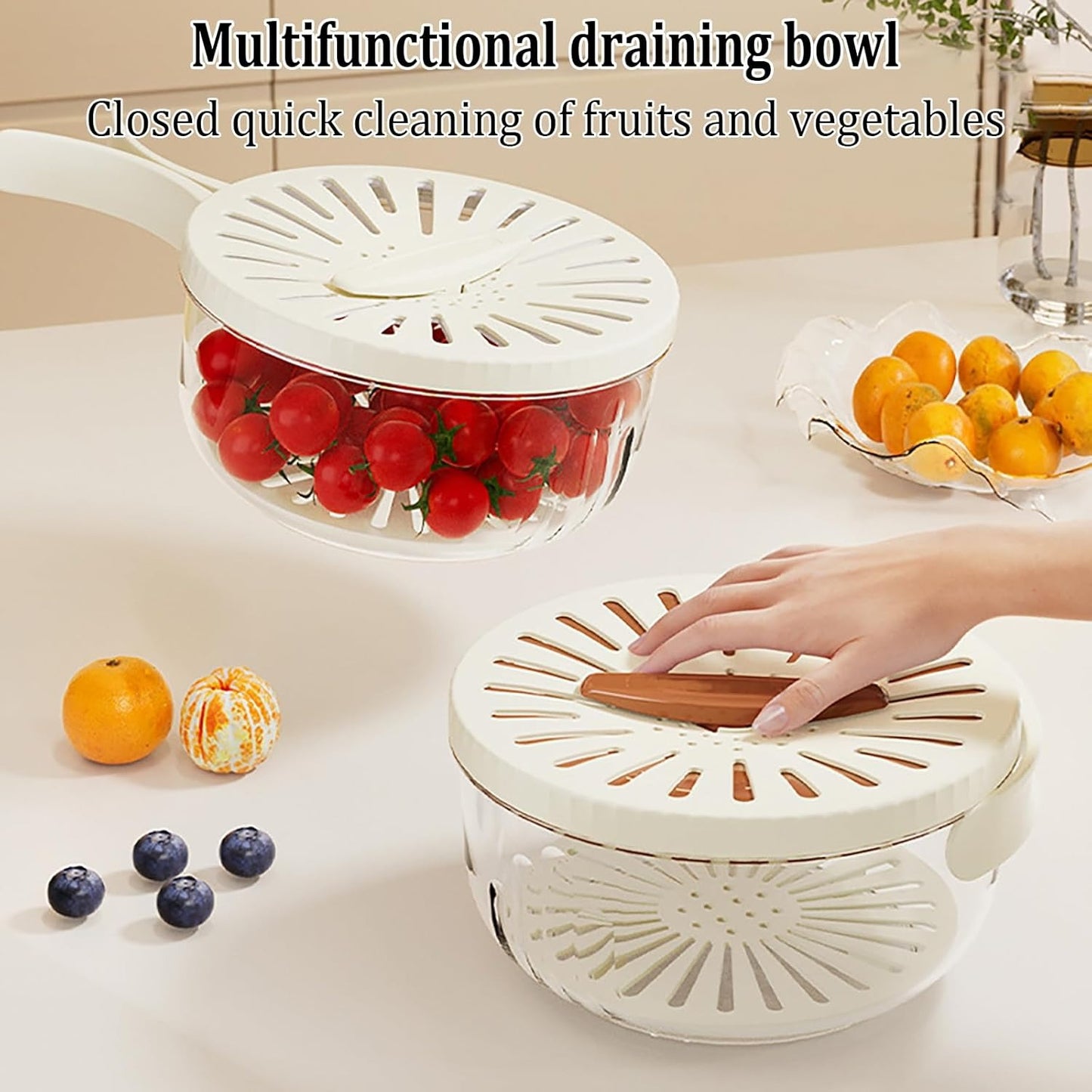 Kitchen Fruit Drainage Basket with Lid – Dual Layer Bowl