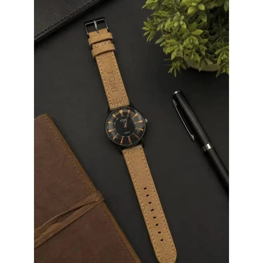 TOMI black leather quartz watch